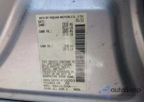 2015 Nissan Altima 2.5/2.5 S/2.5 Sl/2.5 Sv from USA, damaged, VIN 1N4AL3AP7FC450203